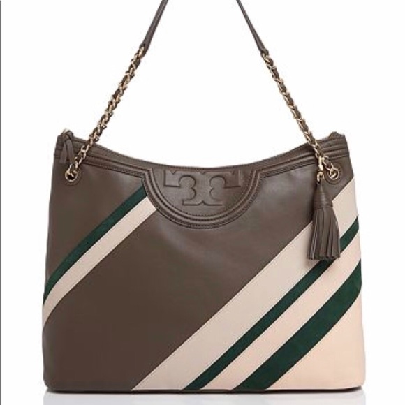 🌸SOLD🌸 Tory Burch Fleming Stripe Leather Tote - Picture 1 of 8
